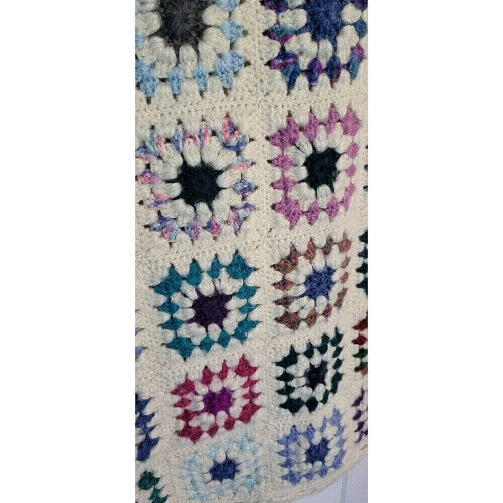 Granny Square Crochet Multicolor Cream Vintage Afghan Blanket